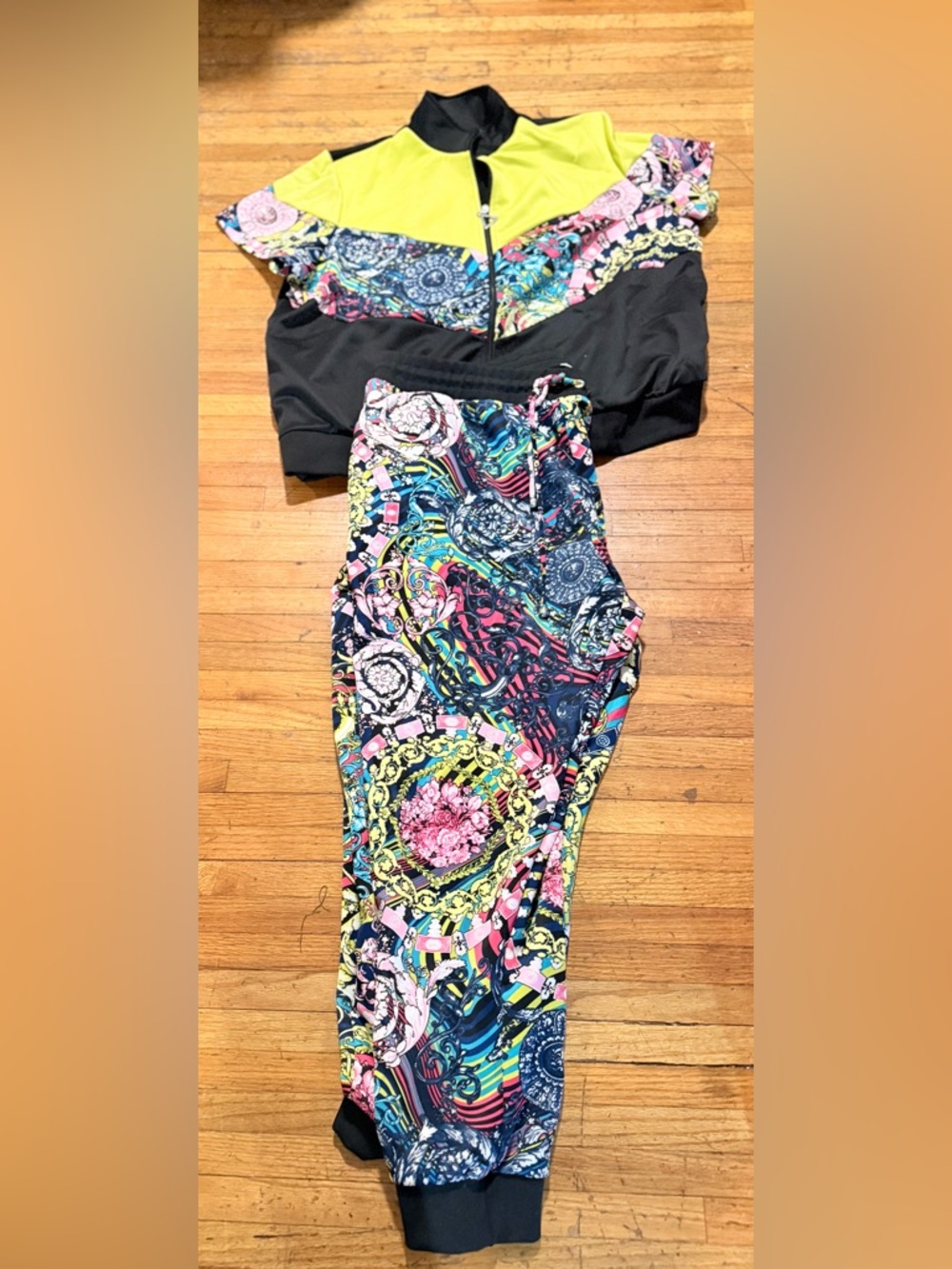Ashley Stewart Black Multi-Color Printed Joggers & Jacket Set